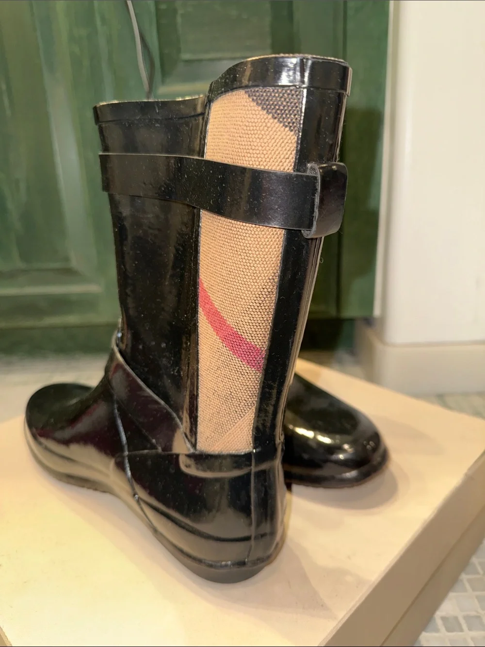 Burberry Black & Tan Patent Check Rain Boots with Buckles